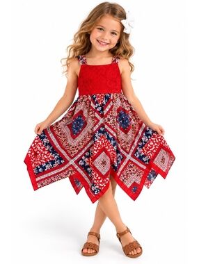 Blueberi Boulevard Girls Size 4 Red Lace Handkerchief Hem Boho Dress